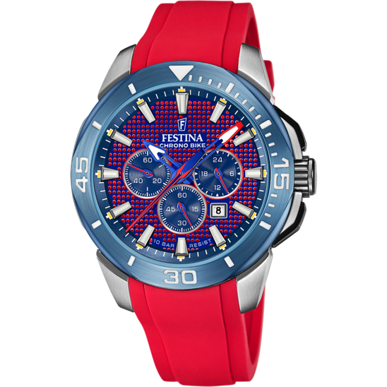 Festina Homme Chronobike Acier Fond Rouge Et Bleu Bracelet Silicone