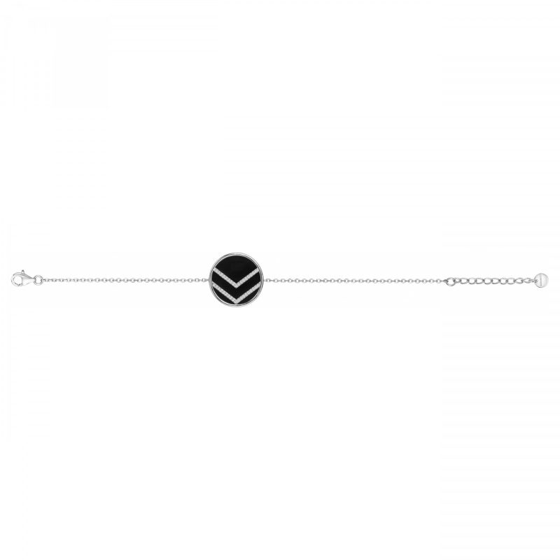 Bracelet Argent Rhodié 925/1000 Rond Céramique Noire et 2 Barrettes Oxydes