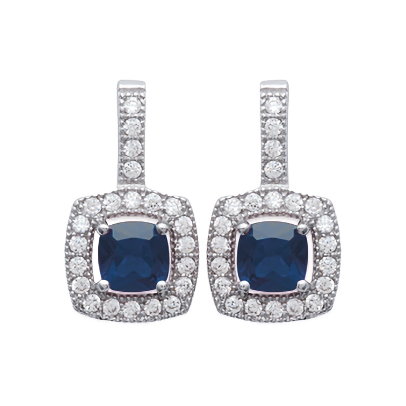 Boucles d'oreilles Argent 925/1000 Rhodié Oxyde Bleu Forme Coussin et Entourage Oxydes Blancs