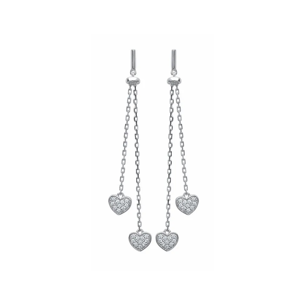 Boucles d'oreilles Pendantes Argent 925/1000 Rhodié Coeurs Pavage Oxydes