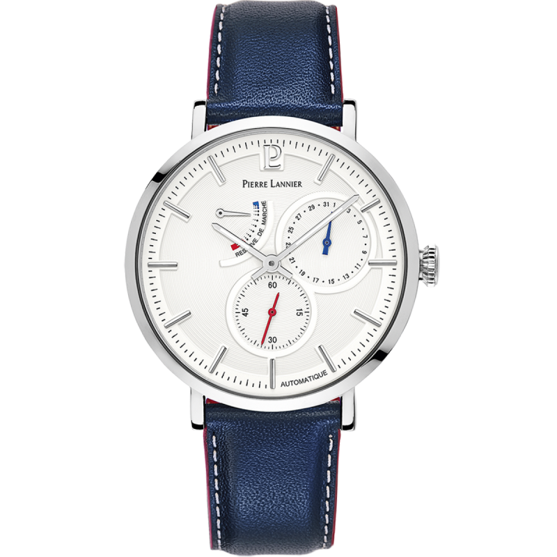 Montre Homme Pierre Lannier Évidence Automatique Cadran Blanc Bracelet Cuir Bleu 327B106