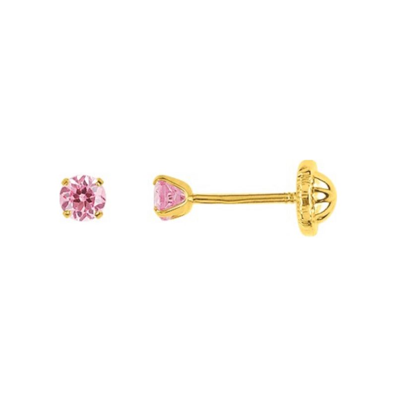 Boucles d'oreilles Enfants Or Jaune 750/1000 et Oxydes Rose 3mm Poussettes à Vis
