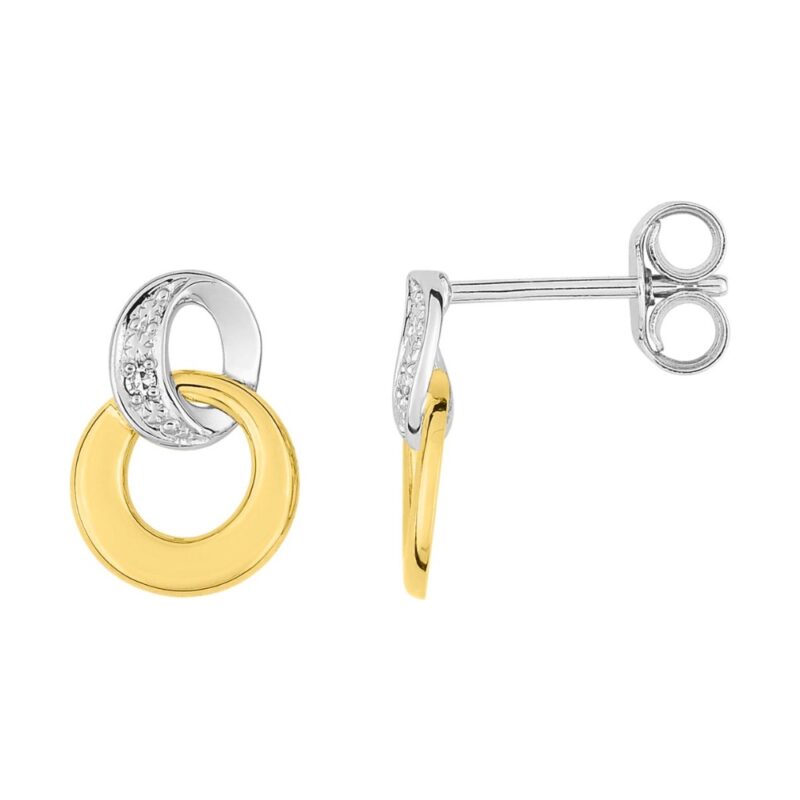 Boucles d'oreilles Or Bicolore 750/1000 Deux Cercles Entrelacés et Diamant