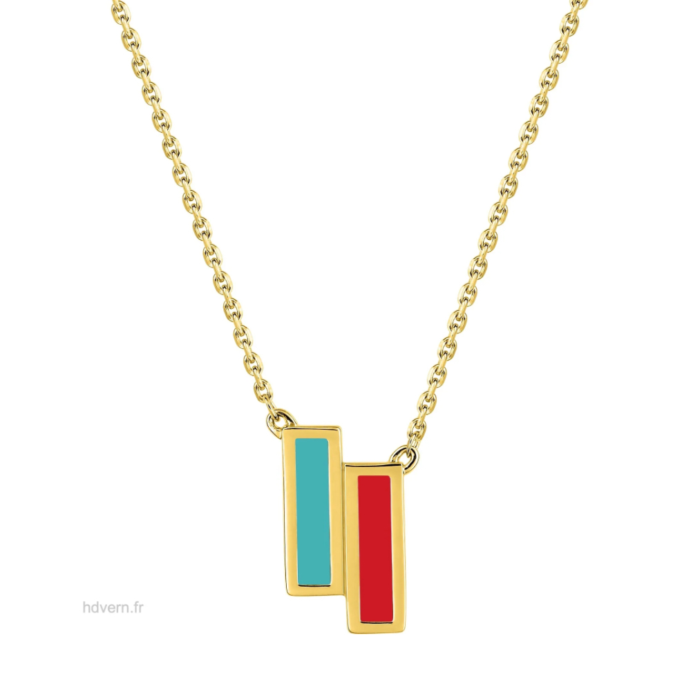 Collier Plaqué Or Jaune 2 motifs Rectangle Laque Corail et Vert