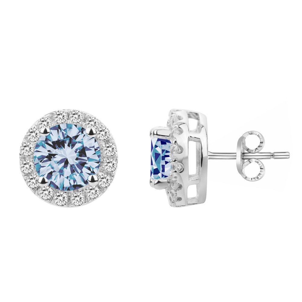Boucles d'oreilles Argent Rhodié 925/1000 Oxyde Bleu Ciel et Entourage Oxydes Blancs