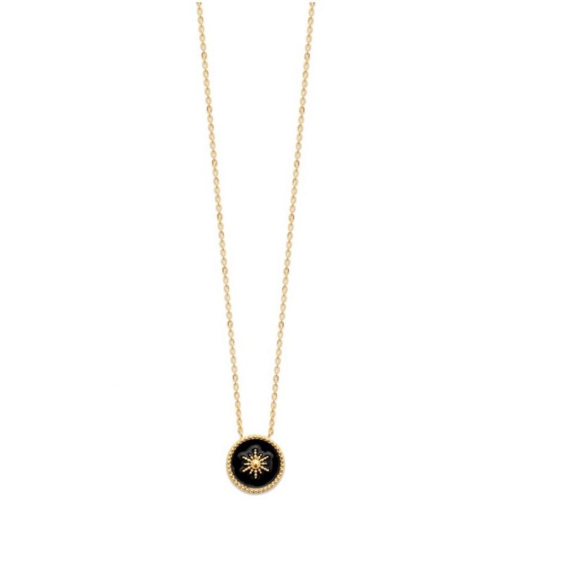 Collier Plaqué or Motif Soleil Émail Noir