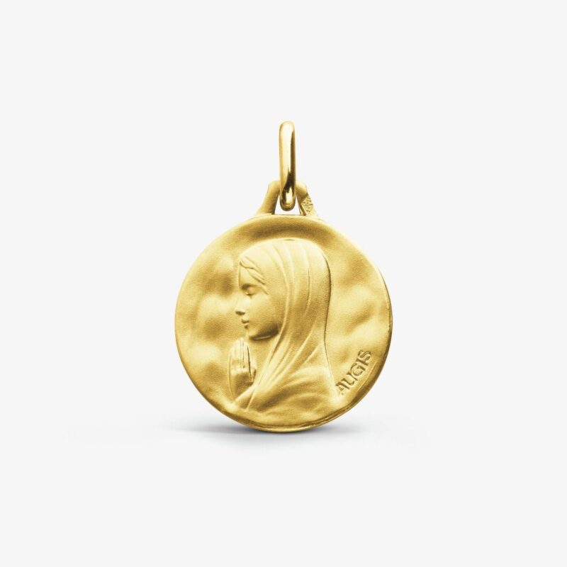 Médaille Augis Or Jaune 750/1000 Vierge Priante aux Mains Jointes Ronde 16 mm