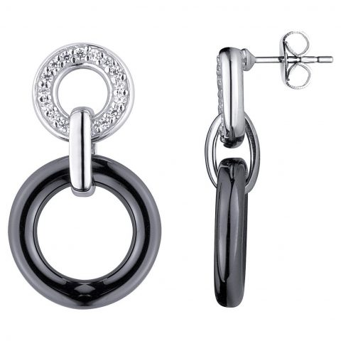 Boucles d'oreilles Argent Rhodié 925/1000 Cercle Céramique Noire et Rond Pavage Oxydes