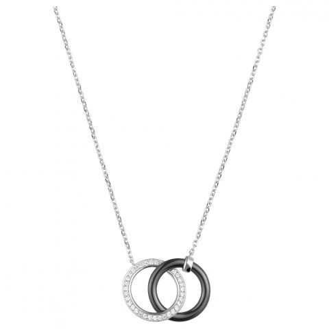 Collier Argent Rhodié 925/1000 Anneaux Entrelacé Céramique Noire Pavage Oxydes