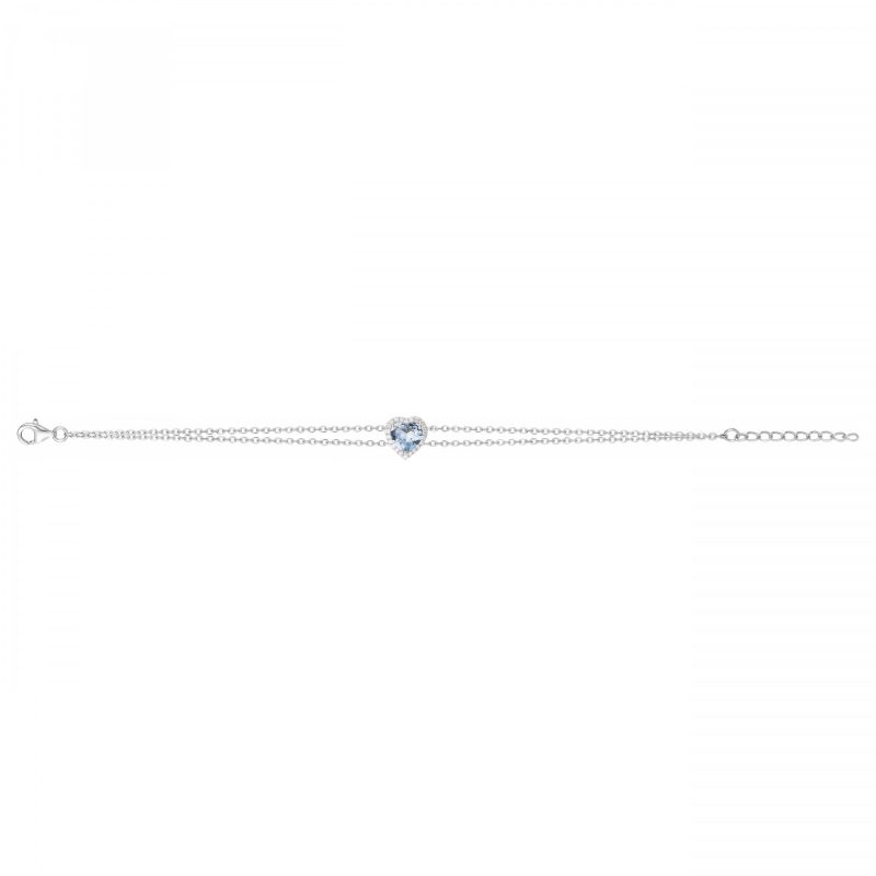 Bracelet Argent Rhodié 925/1000 Coeur Oxyde Bleu Ciel et Contour Pavage Oxydes