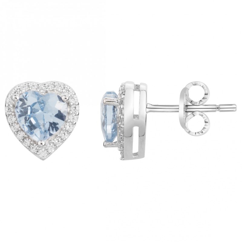 Boucles d'oreilles Argent Rhodié 925/1000 Coeur Oxyde Bleu Ciel et Entourage Oxydes Blancs
