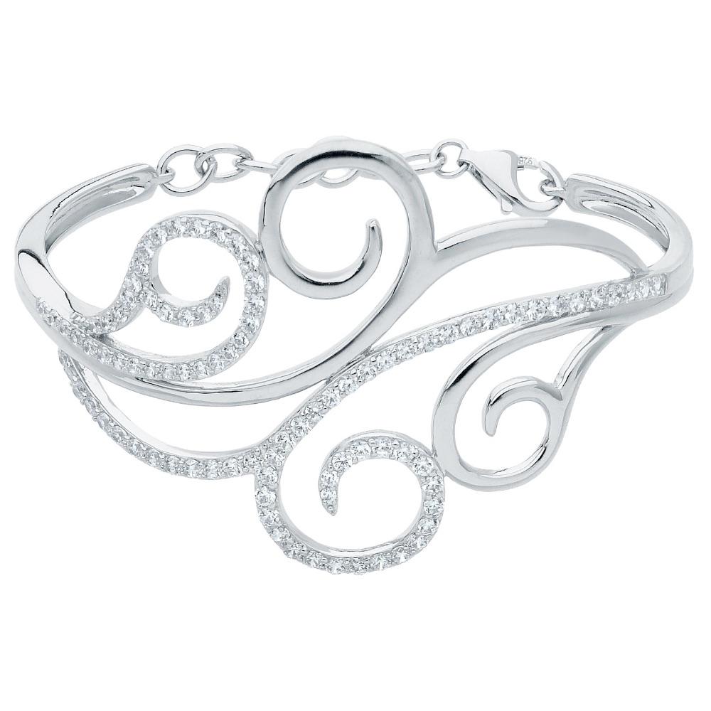 Bracelet Jonc Argent 925/1000 Rhodié Motif Arabesque et Pavage Oxydes