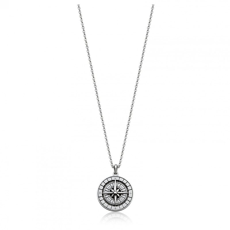 Collier Homme Acier Rond Motif Rose des vents et Laque Noire