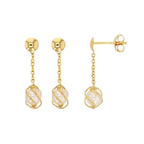 Boucles d'oreilles pendantes or jaune 750/1000 Cage Perles de Culture