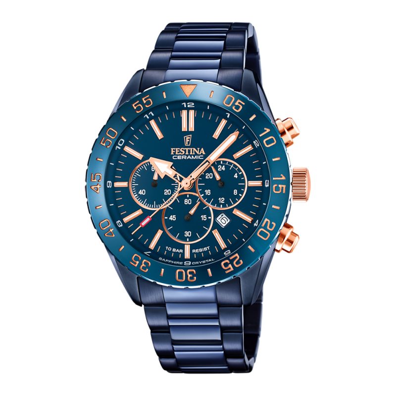 Montre Festina Homme Chronographe Acier Bleu Verre Saphir Fond Bleu lunette Céramique F20576/1
