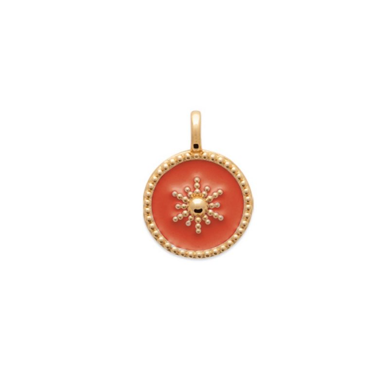 Pendentif Plaqué Or Jaune Rond Motif Soleil Émail Orange 14mm