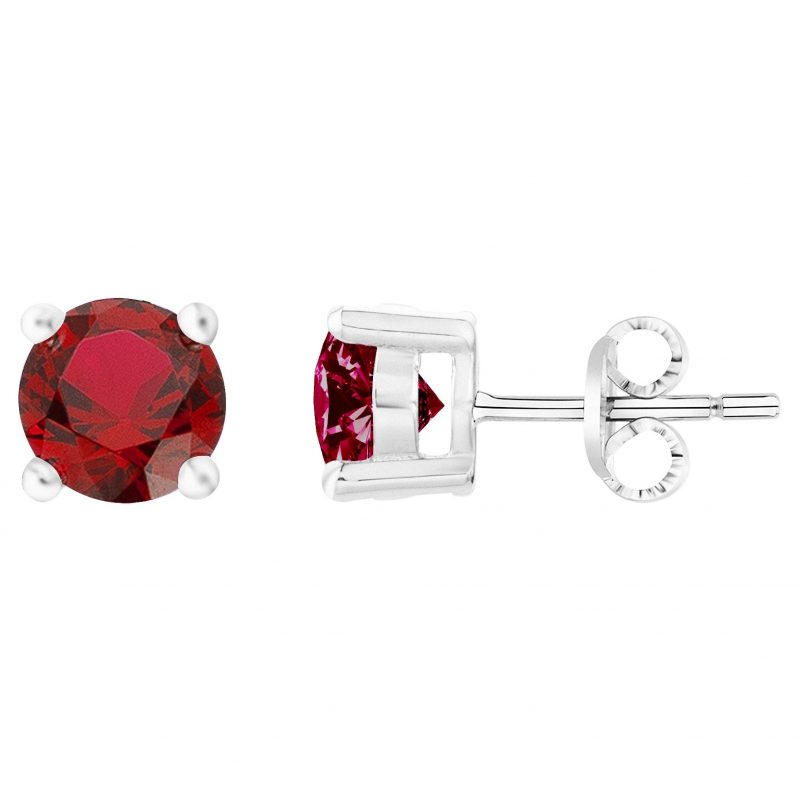Boucles d'oreilles Argent 925/1000 Rhodié et Spinelle Rouge Synthétique Serti 4 Griffes 5mm