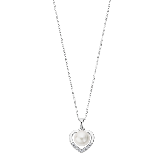 Collier Argent Coeur 925/1000 Rhodié et Perle de Culture 8mm et Oxydes