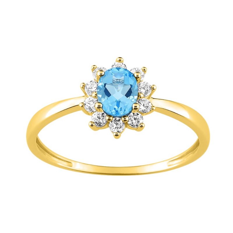Bague Plaqué Or Jaune Marquise Topaze Synthétique et Entourage Oxydes