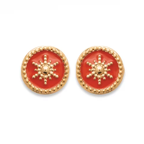 Boucles d'oreilles Rondes 10mm Plaqué Or Motif Soleil Émail Orange