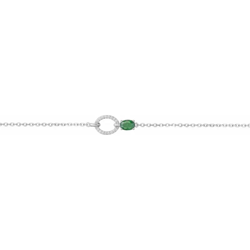 Bracelet Argent Rhodié 925/1000 Pierre Verte et Ovale Pavage Oxydes
