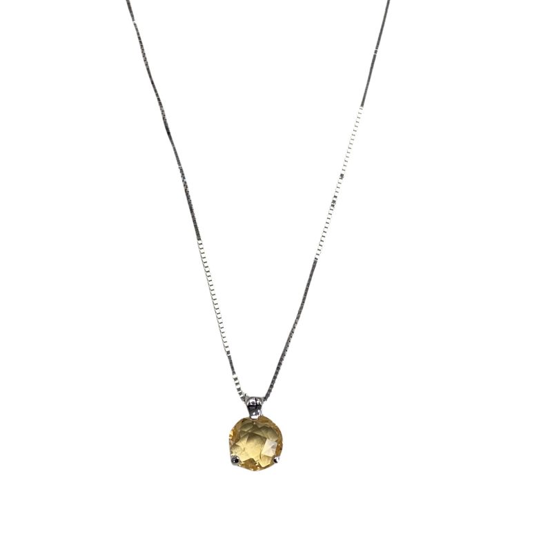 Collier Or Blanc 750/1000 et Citrine Ronde Serti Griffes