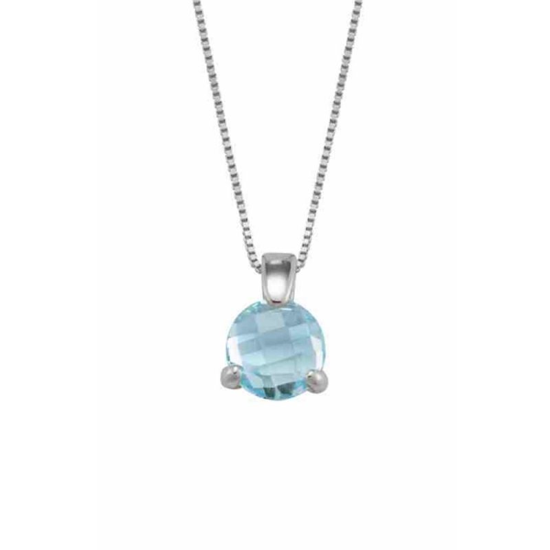 Collier Or Blanc 750/1000 et Topaze Bleue Ronde Serti Griffes