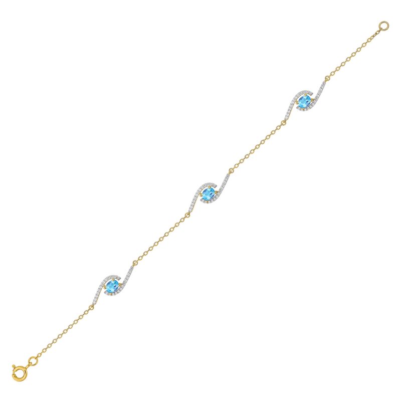 Bracelet Plaqué Or Jaune avec 3 Oxydes Bleu Ciel et Pavage Oxydes Blancs
