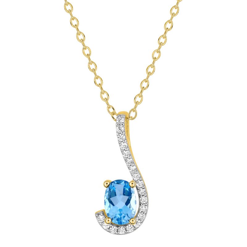 Collier Plaqué Or Jaune Pierre Ovale Bleu Ciel et Pavage Oxydes