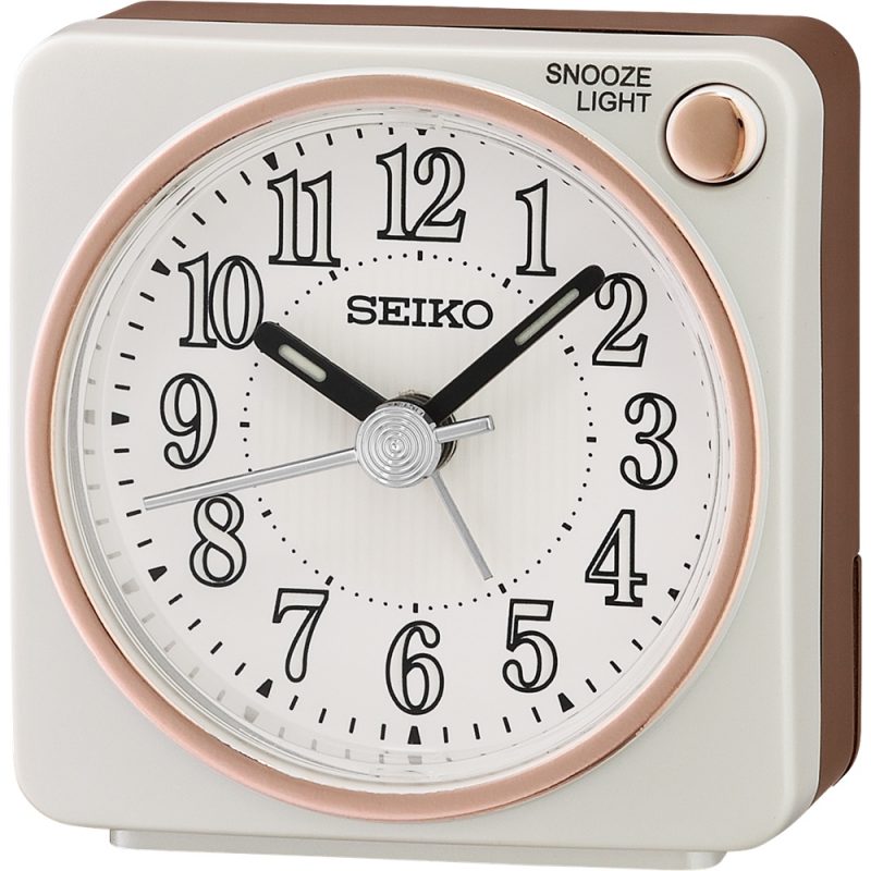 Réveil de Poche Carré SEIKO Blanc Irisé et Doré Rose Chiffres Lumibrite QHE185W
