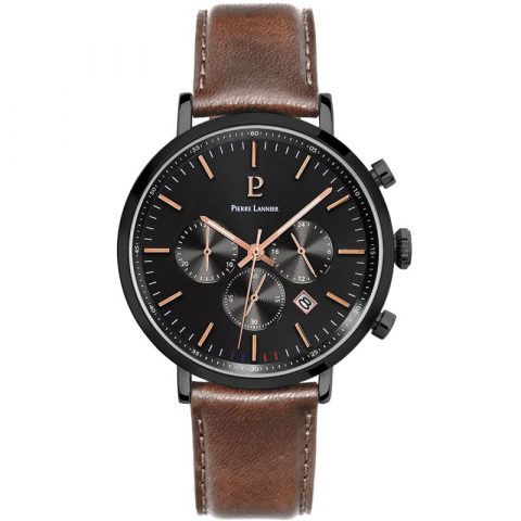 Montre Homme Pierre Lannier BARON Cadran Noir Bracelet Cuir Brun 222G434