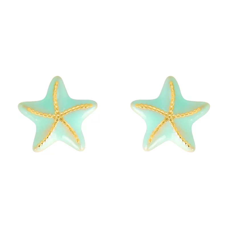 Boucles d'oreilles Or Jaune 375/1000 Étoiles de Mer Laque Turquoise Poussettes à Vis