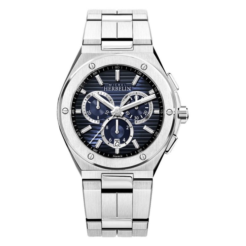 Montre Homme Herbelin Acier Chrono Fond Bleu Cap Camarat Bracelet Acier 37645B15