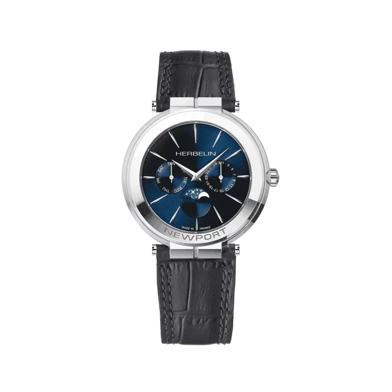 Montre Homme Herbelin Acier Phase de Lune Newport Slim Cuir Anthracite 12722AP15