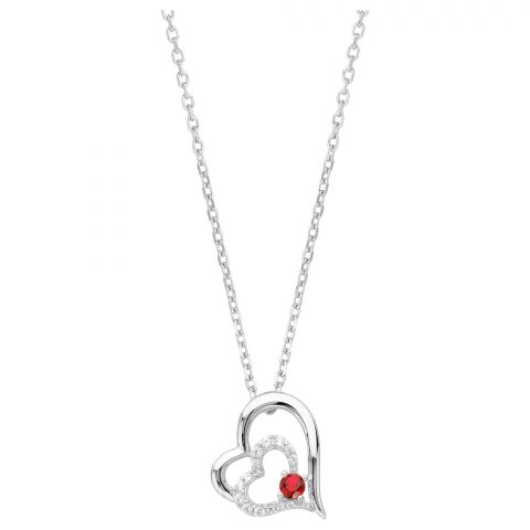 Collier Argent 925/1000 Double Coeur Oxydes et Spinelle Rouge 42+3cm