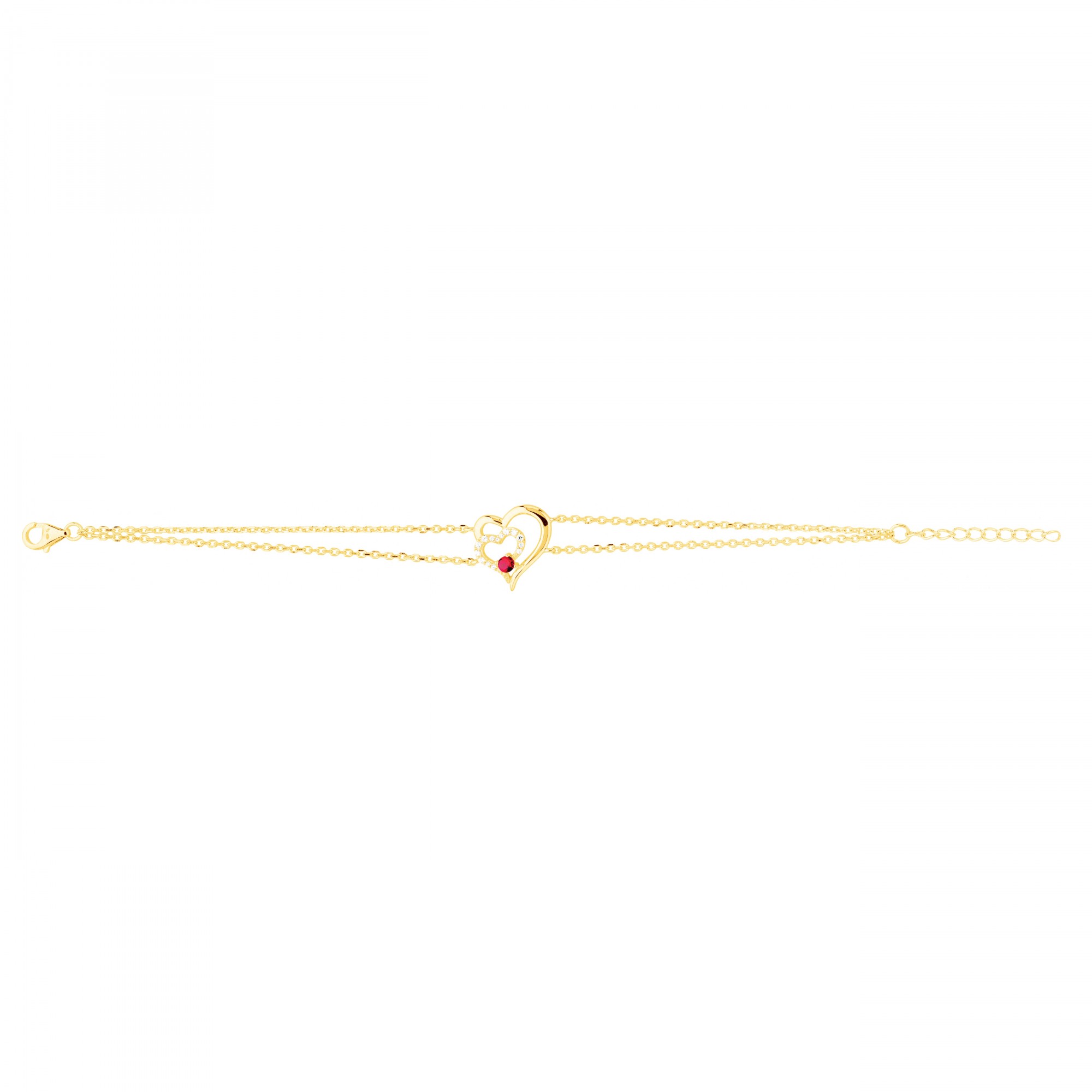 Bracelet Plaqué Or Double Coeur Oxydes et Spinelle Rouge