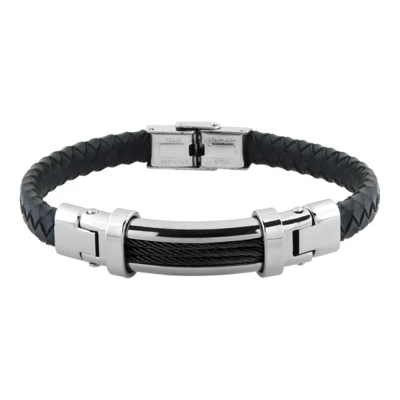 Bracelet Homme Cargo Acier, Cables PVD Noir et Simili 19.5cm