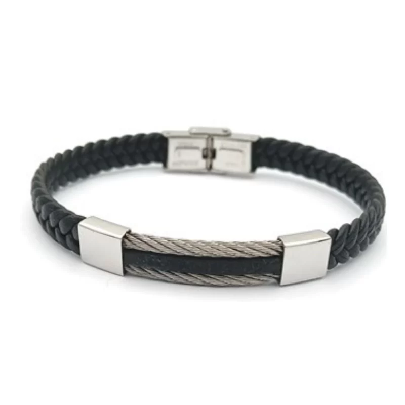Bracelet Homme Cargo Acier, Cables Acier + PVD Noir et Simili 19.5cm