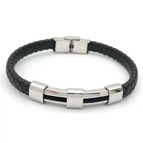Bracelet Homme Cargo Acier, 1 Rang Cables PVD Noir et Simili 19.5cm
