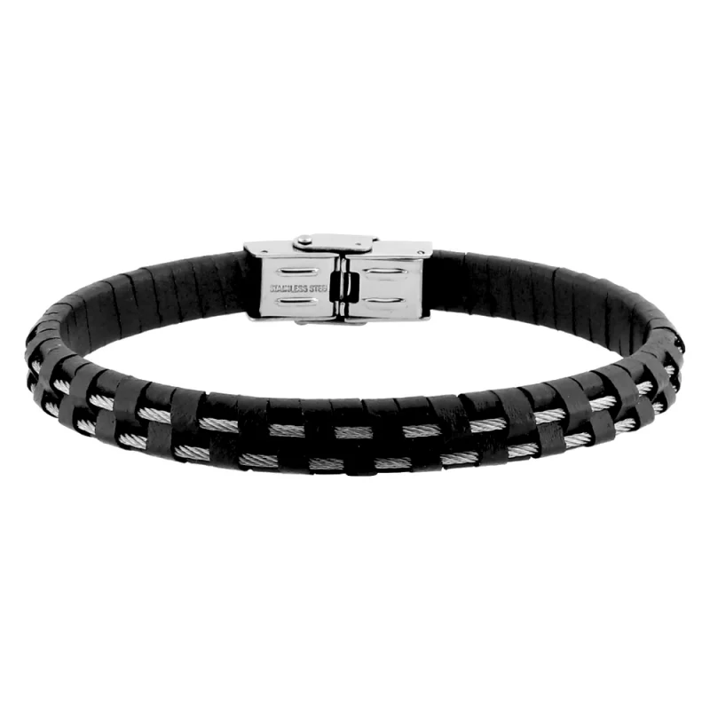 Bracelet Homme Cargo Acier + 2 Cables Acier et Simili Noir 19.5cm