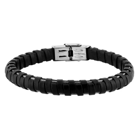 Bracelet Homme Cargo Acier, 2 Cables Acier et Simili Noir 19.5cm