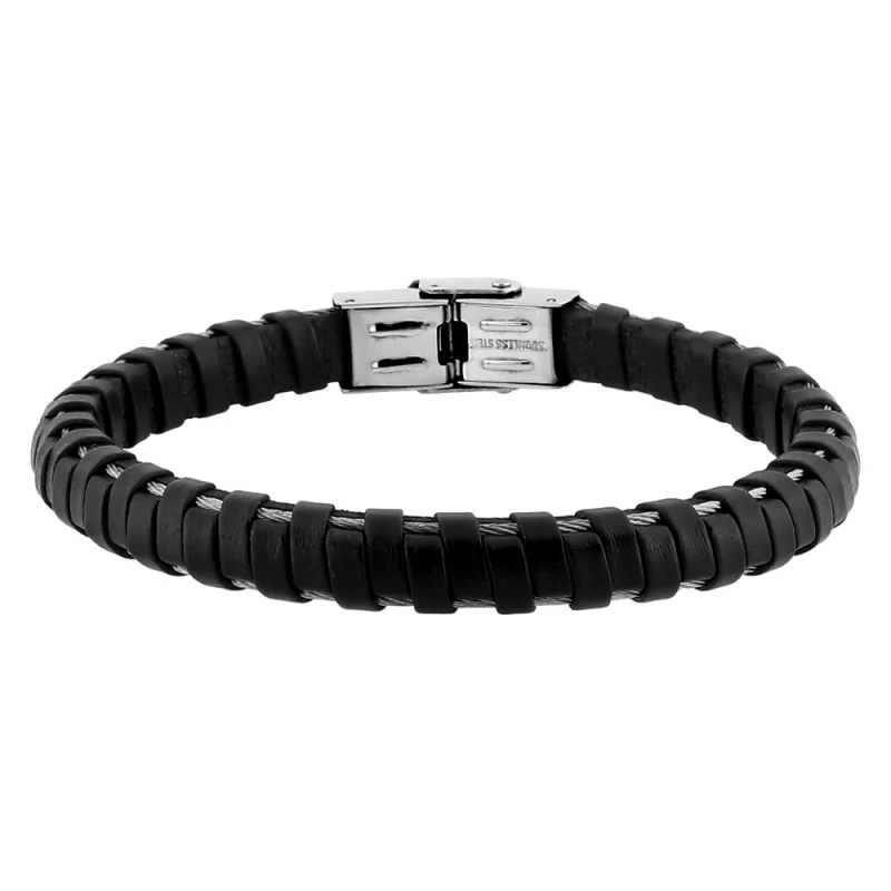 Bracelet Homme Cargo Acier, 2 Cables Acier et Simili Noir 19.5cm