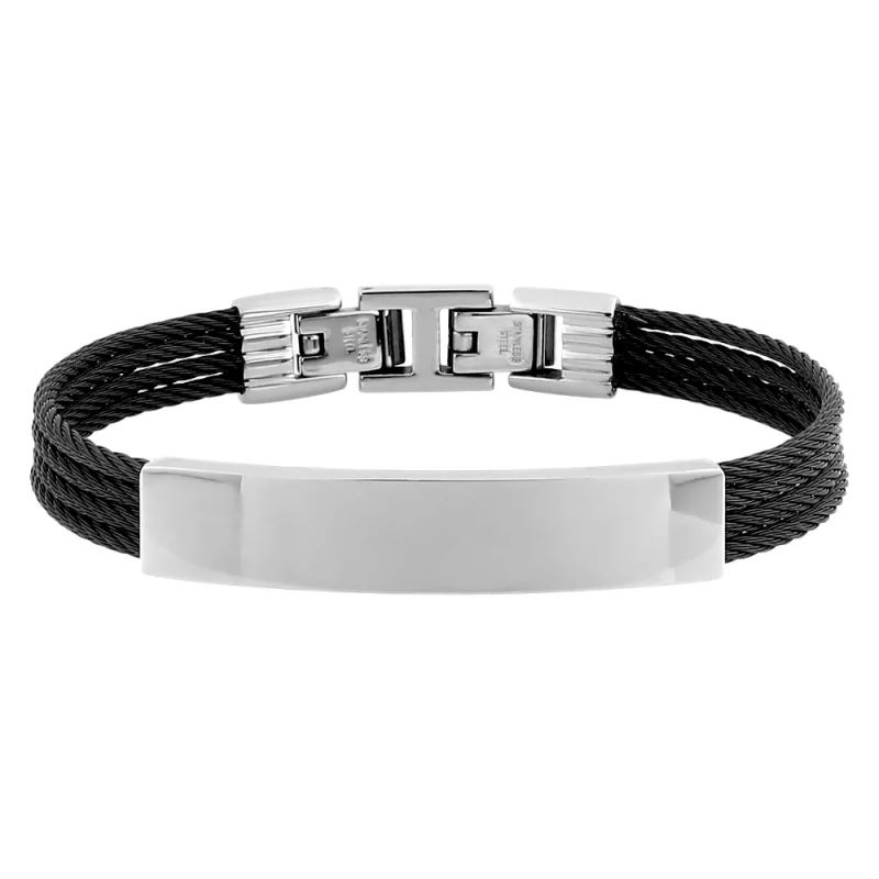 Bracelet Homme Cargo Acier Plaque et 3 Rangs Cables PVD Noir 19.5cm + Extension