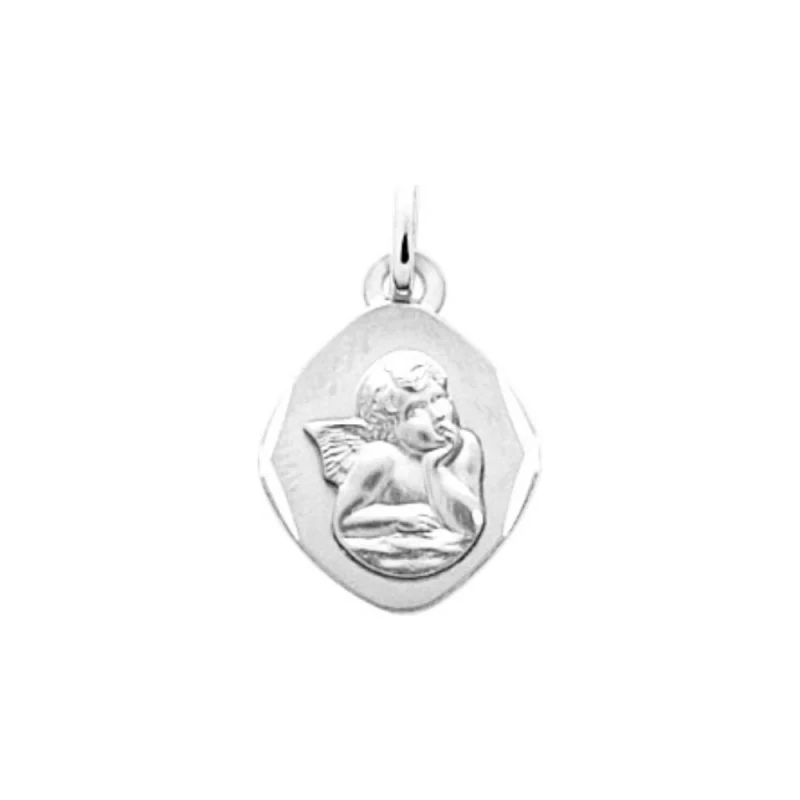 Médaille Losange Argent 925/1000 Rhodié Ange Pensif 15mm