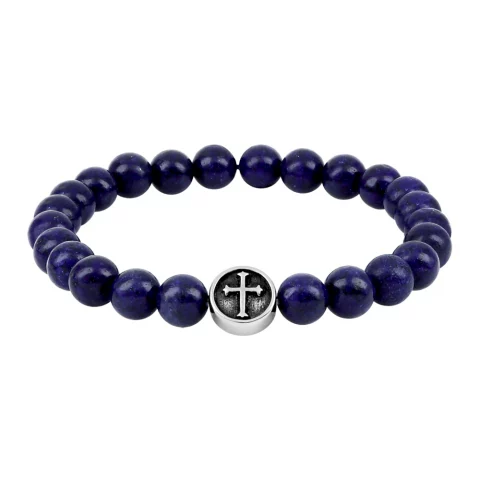 Bracelet Homme Cargo Acier Motif Croix et Agate Bleue Perles 8mm