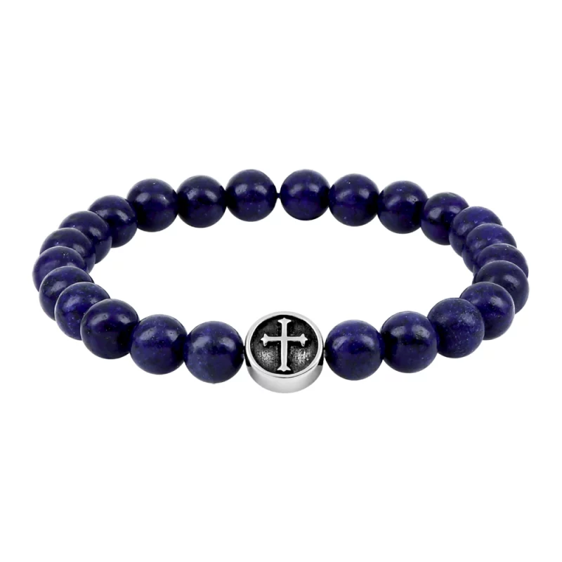 Bracelet Homme Cargo Acier Motif Croix et Agate Bleue Perles 8mm
