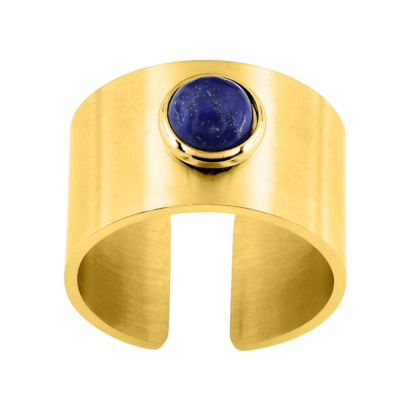 Bague Fashion Steel Acier Doré 12mm Ajustable avec Lapis Lazuli Bleu Synthétique