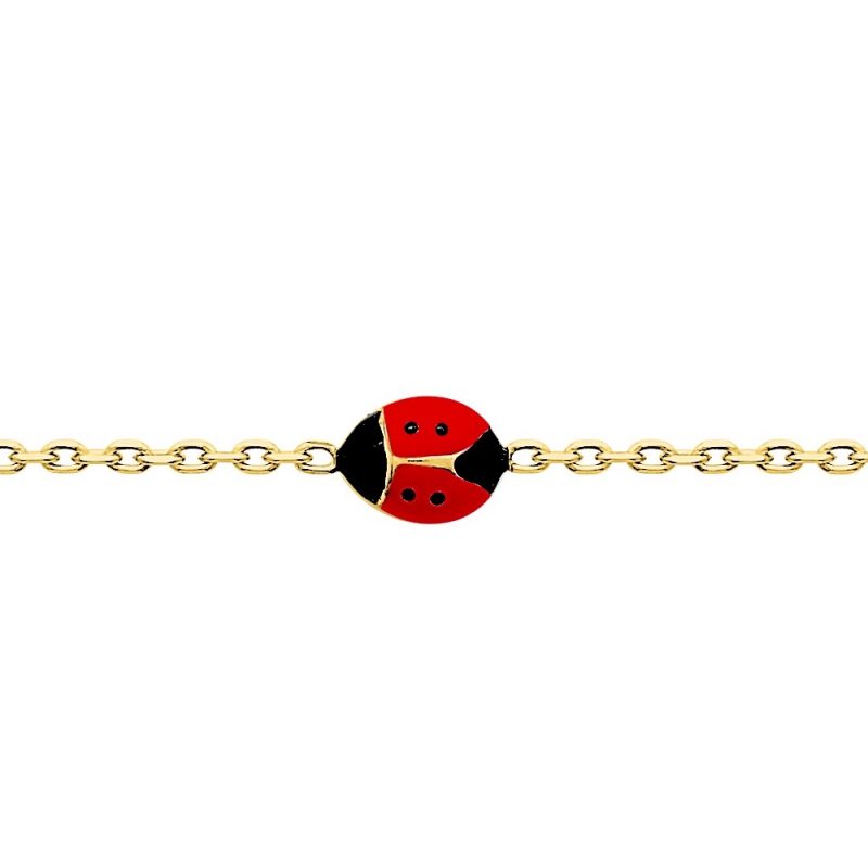 Bracelet Enfant Plaqué or Coccinelle avec Laque Noire et Rouge