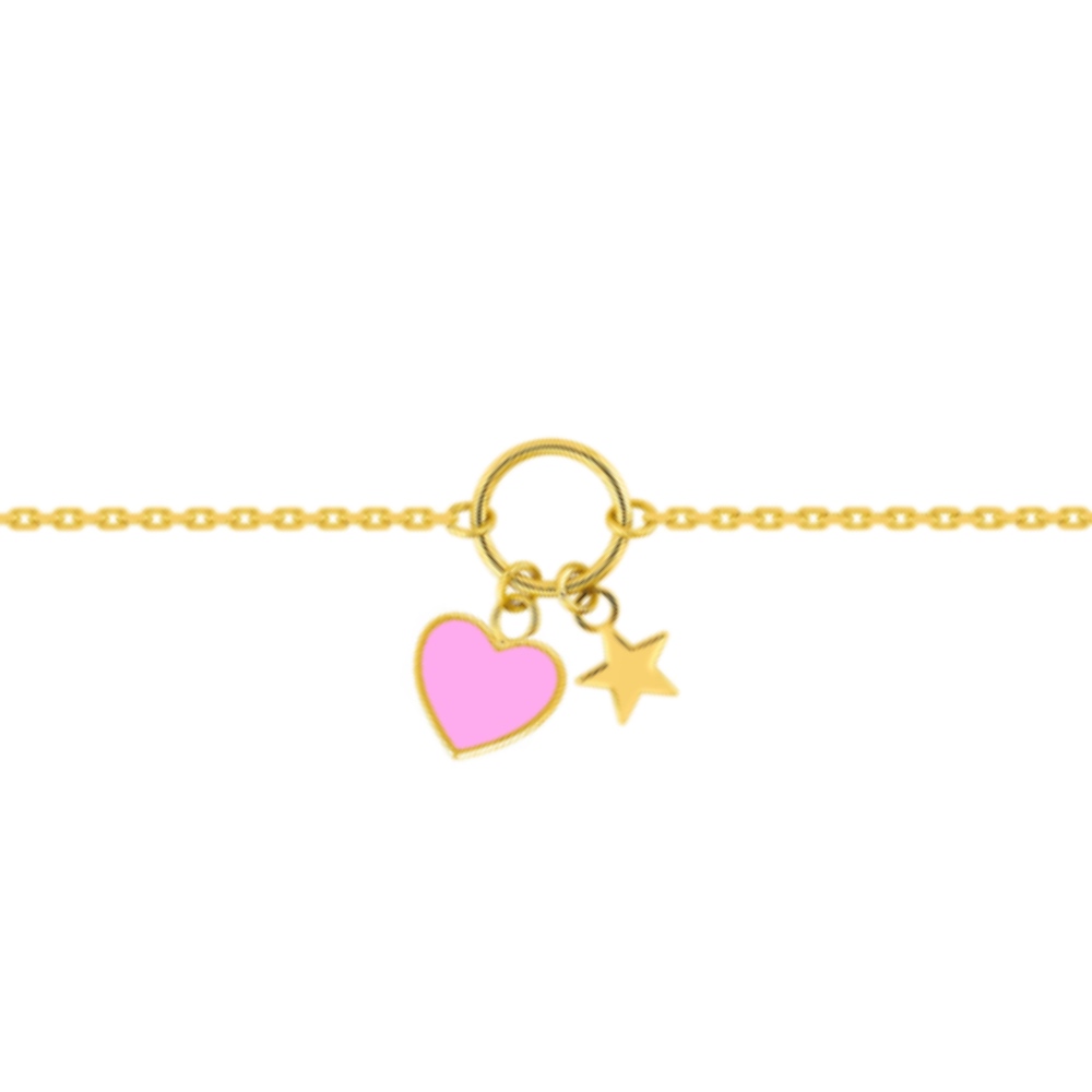 Bracelet Enfant Or Jaune 750/1000 Breloque Coeur avec Laque + Étoile