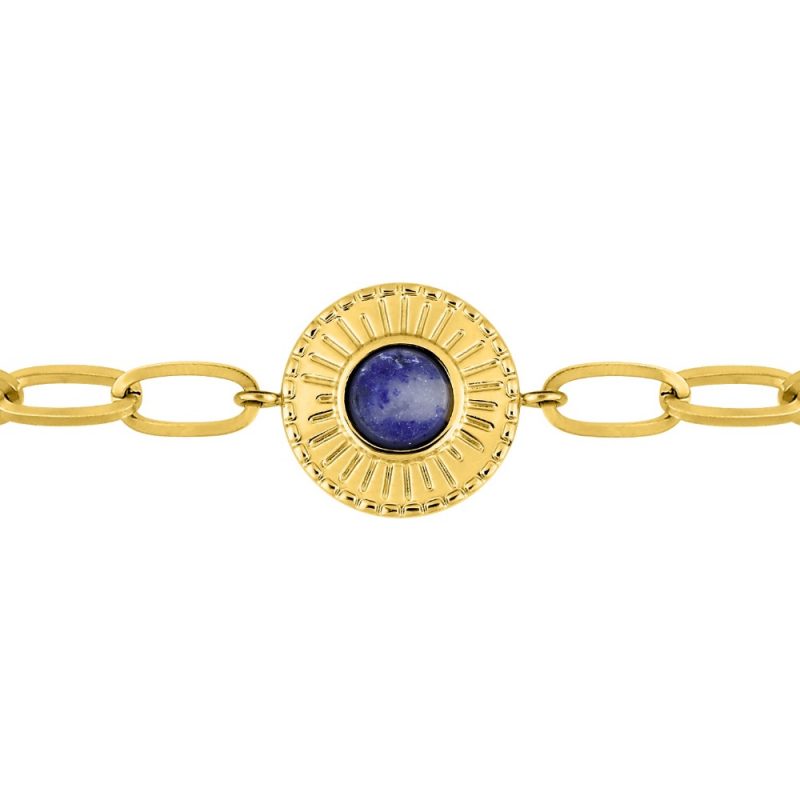 Bracelet Fashion Steel Acier Doré et Lapis Synthétique Rond 15mm Ciselé